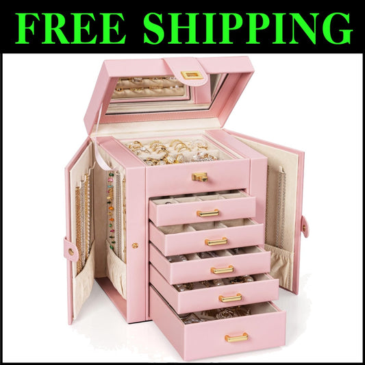 5-Drawer Jewelry Box with Large Mirror – Chic and Functional Organizer for Women
