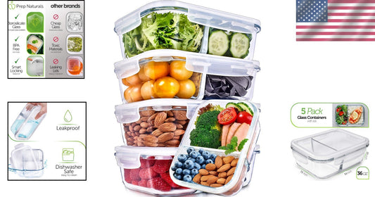Durable Multi-Compartment Glass Meal Prep Containers - 36 Oz, Leak-Proof Design