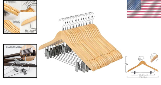 20 Pack Premium Wooden Hangers with Clips for Elegant Wardrobe Organization