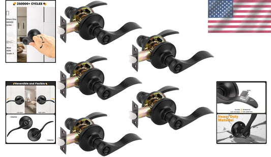 5-Pack Matte Black Privacy Door Handles, Easy Install, Reversible Levers