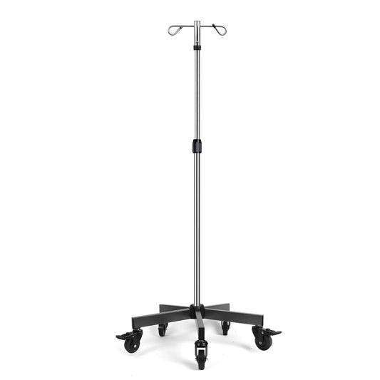 Portable Stainless Steel IV Pole - 2 Hooks, Adjustable Height & Wheels