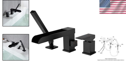 360° Swivel Spout Black Tub Faucet with Hand Shower – Brass Deck Mount Design