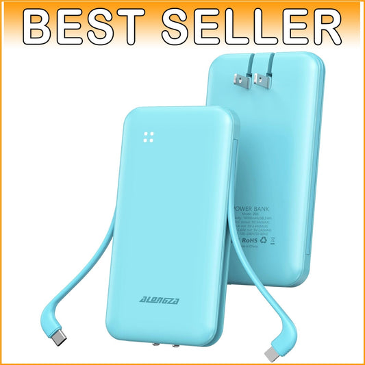 10000mAh Portable Charger with Built-in Cables & AC Wall Plug - Fast Charging