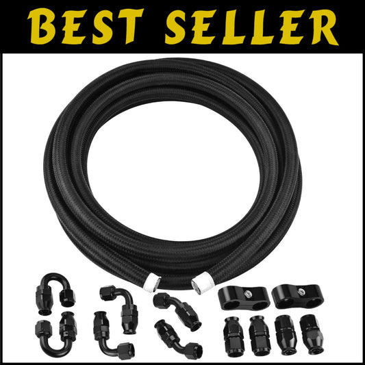 20FT 8AN PTFE Fuel Line - Black Nylon Braided Hose for Automotive Use