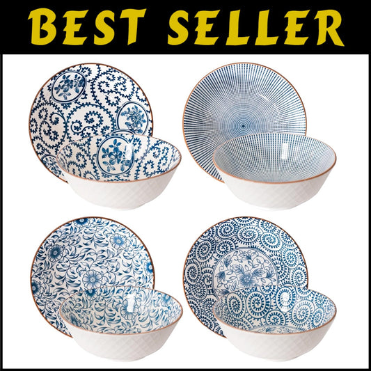 Elegant Ceramic 40 Oz Ramen Bowls Set of 4 - Blue and White Vintage Style