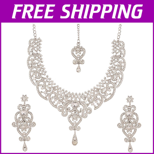 Bridal Elegance: White Crystal Jewelry Set with Necklace & Extra Long Earrings