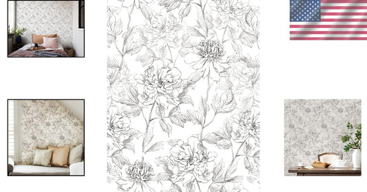 Removable Black and White Floral Wallpaper - Easy Install Peonies Design 43 SQFT