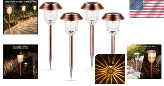 Dimmable 4 Pack Solar Path Lights with 360° Shatterproof Glass in Copper Finish
