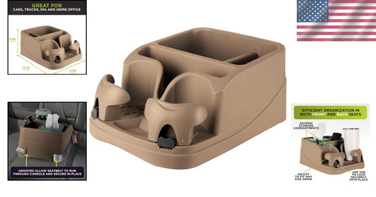 Beige Adjustable Vehicle Console Organizer with Dual Cupholders & Media Storage