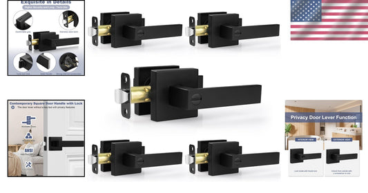 Elegant 5-Pack Black Door Levers with Lock - Durable Zinc Alloy for Modern Homes