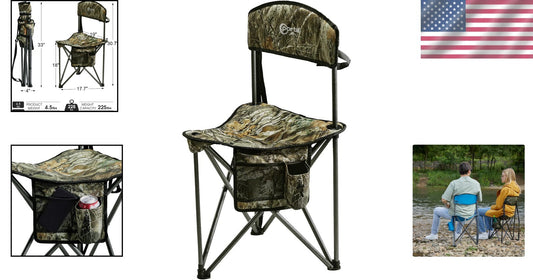 Lightweight Camo Tripod Stool with Backrest - Portable Camping Chair for 225 lbs