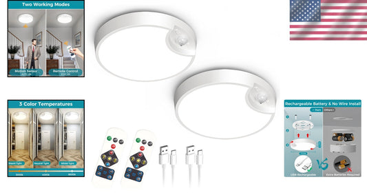 Rechargeable Motion Sensor Ceiling Light - 3 Color Temperatures, Remote 2-Pack
