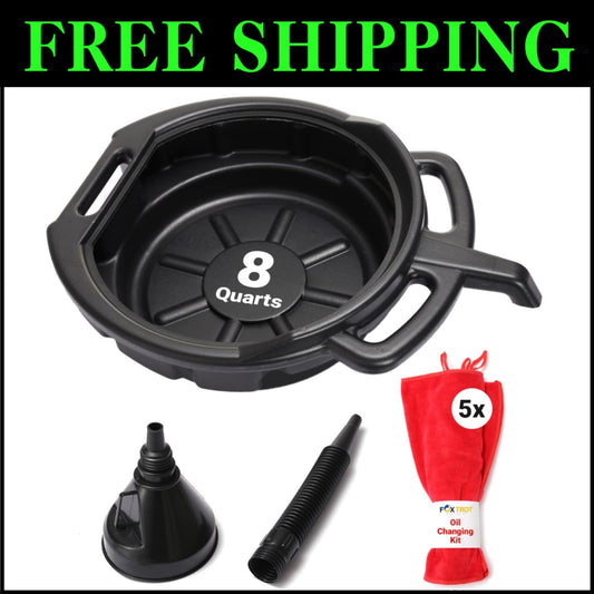 Durable Oil Change Kit with 8 Quart Pan, Funnel & Shop Towels for DIY Mechanics