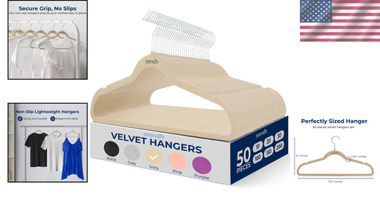 50 Pack Ivory Velvet Hangers - Non-Slip with 360° Swivel Hook - Space-Saving ...