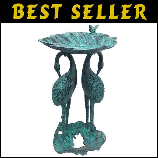 Sturdy 30-in Cast Aluminum Crane Bird Bath with Leaf Bowl - Traditional Elegance