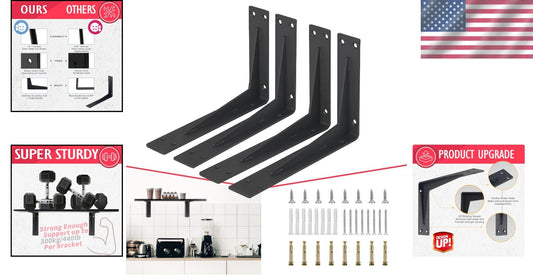 Pack of 4 Heavy-Duty Corner Brackets, 20” Black Steel Design for Stylish Support