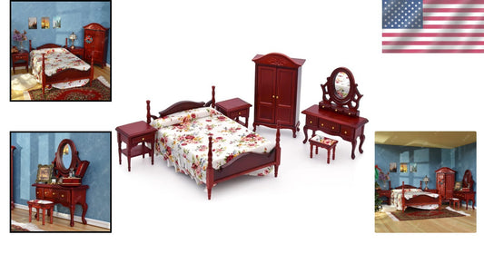 6-Piece Mahogany Dollhouse Furniture Set - Includes Bed, Wardrobe & More