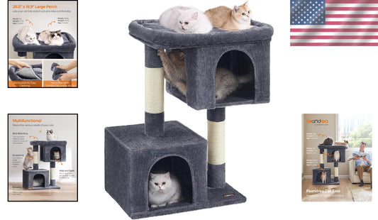 Smoky Gray 39.8" Cat Tower with Large Perch and Two Cat Caves - Stable & Durable