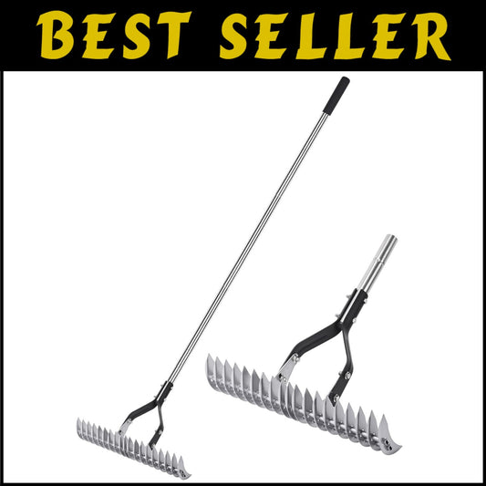 15-Inch Heavy-Duty Thatch Rake with Adjustable Stainless Steel Handle for Lawns