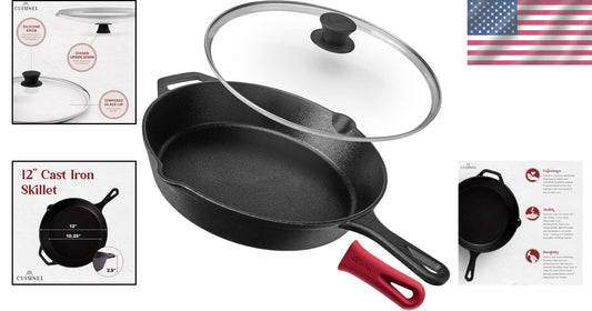 Versatile Indoor/Outdoor Cooking - Cast Iron Fry Pan with Silicone Handle & Lid