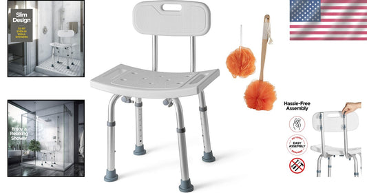 Portable Shower Chair with Adjustable Heights & Bonus Scrubbers - Safe & Durable
