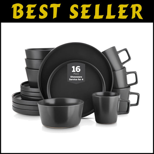 Chic 16-Piece Black Matte Dinnerware Set with Ergonomic Mugs - Durable Stoneware