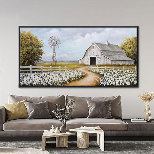 Large Retro Landscape Canvas - Wildflower Meadow with Windmill & Barn, 29x58in