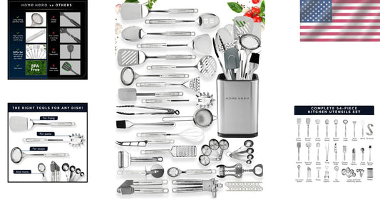 Elegant 54-Piece Stainless Steel & Silicone Kitchen Utensils Set for Home Chefs