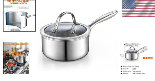 Elegant 1.5-Quart Stainless Steel Saucepan with Lid - Multi-Ply Clad Design