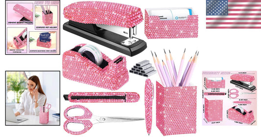 7-Piece Pink Diamond Desk Set: Scissors, Stapler, and Tape Dispenser Included