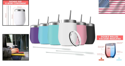 6 Pack 12 oz Stainless Steel Wine Tumblers - Vacuum Insulated, Assorted Colors