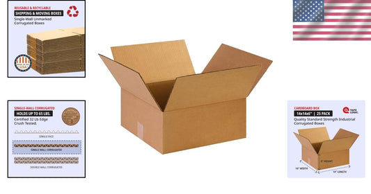 Versatile 14x14x6 Corrugated Cardboard Boxes | Heavy-Duty, Reusable, 25 Pack