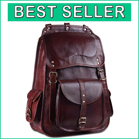 Vintage Full Grain Leather Backpack - Large Laptop Rucksack for Travel & School