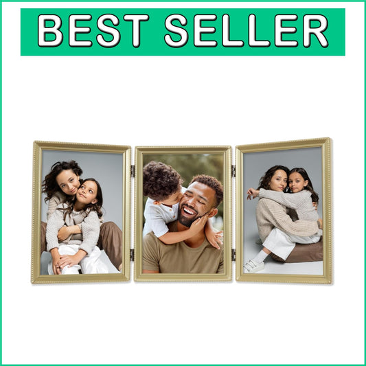 Elegant 5x7 Triple Photo Frame in Antique Satin Gold with Beaded Border