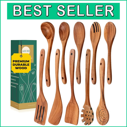 10-Piece Stylish Teak Cooking Utensils Set - Non-Stick Safe & Durable