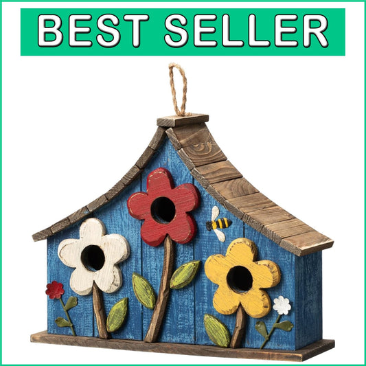 15" Oversized Hand-Painted Distressed Birdhouse with 3D Flowers - Rustic Villa