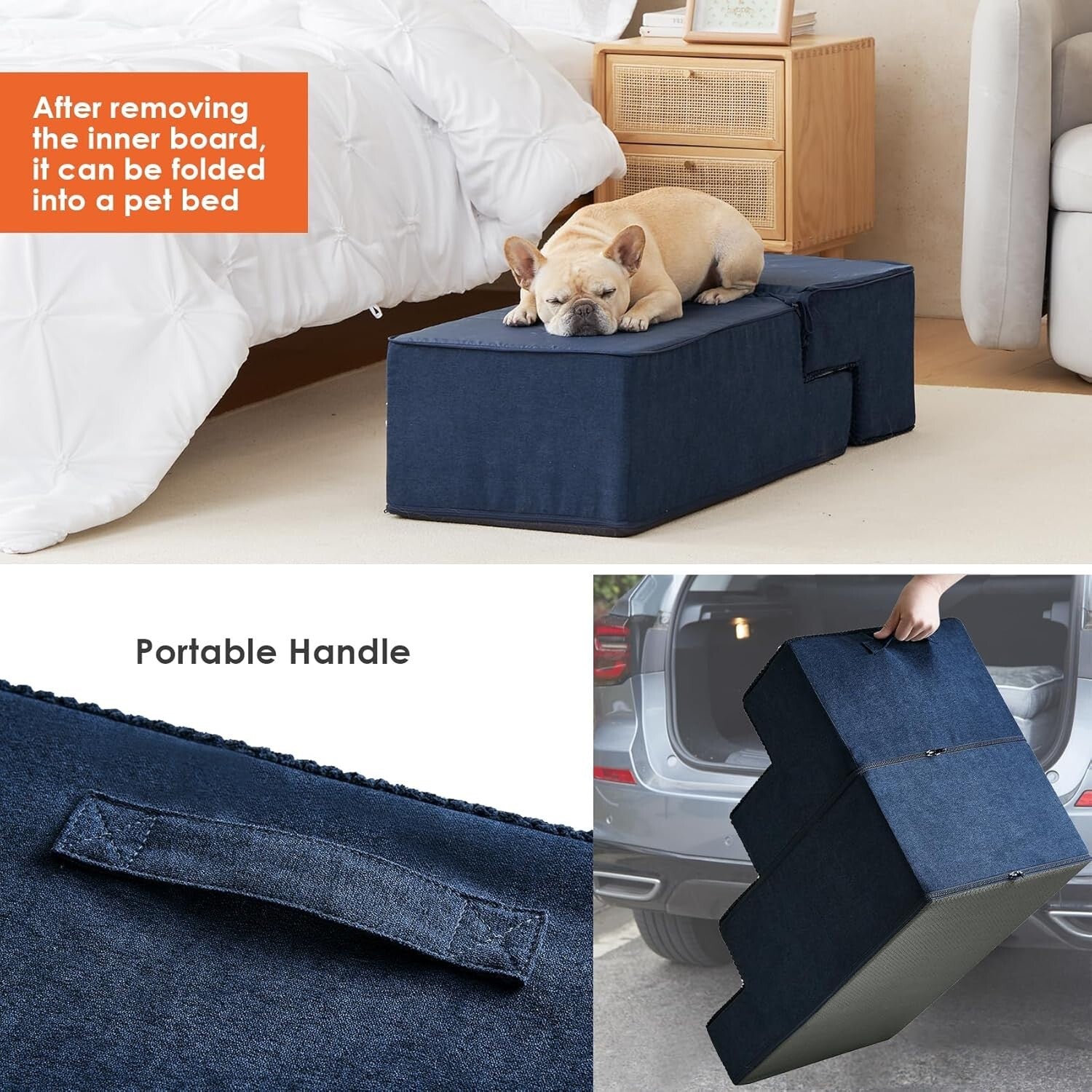 Extra Wide 4-Step Pet Stairs - Safe Access for Small Dogs & Cats in Navy