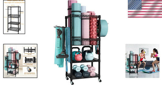 Durable 3-Tier Exercise Equipment Organizer with Security Hooks and Mobility