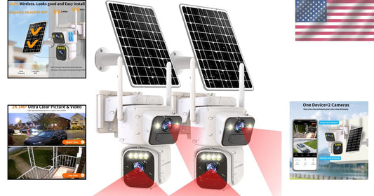 Dual Lens Solar Powered Security Cameras - 2K Outdoor WiFi, Color Night Vision