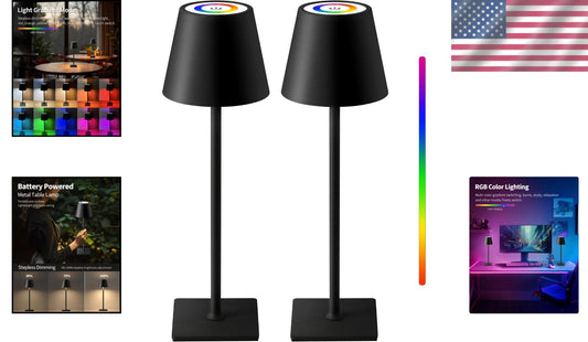 2 Pack Portable Cordless Table Lamp with RGB Stepless Dimming - 14.2 Inch Black