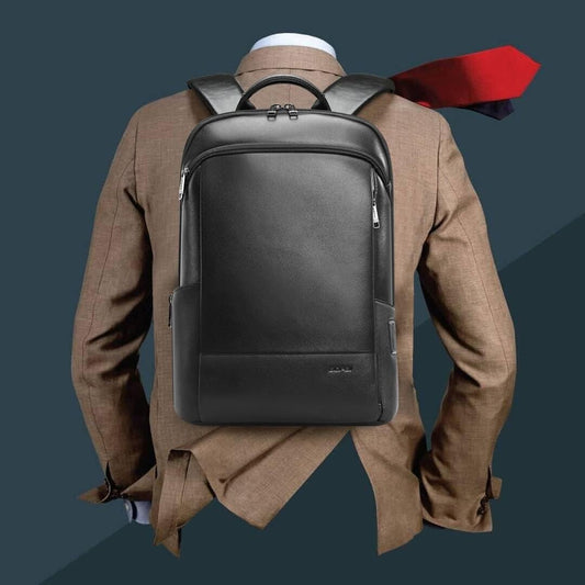 Elegant Black Leather Laptop Rucksack with USB Charging & Hidden Zipper Security
