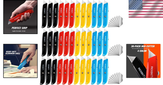 36 Pack Heavy-Duty Utility Knife Set - Retractable Box Cutter with Extra Blades