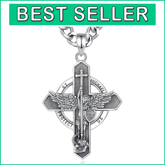 925 Sterling Silver St. Michael Cross Pendant with Cuban Chain - Spiritual Gift