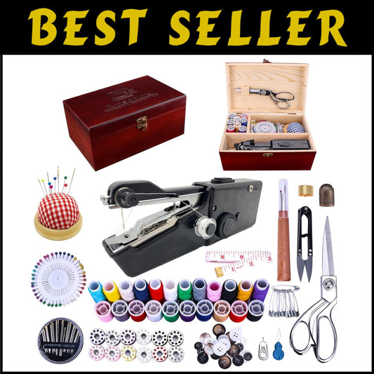 Elegant 153-Piece Mini Sewing Machine Kit in Stylish Wooden Box - Ideal Gift
