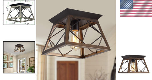 Dimmable Flush Mount Ceiling Light - Rustic Vintage Metal Fixture for Entryway