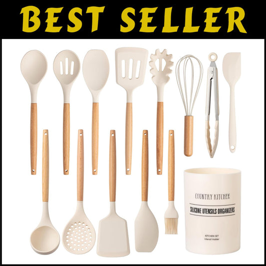 Elegant 14-Piece Silicone Utensil Set with Heat-Resistant Wooden Handles - Khaki