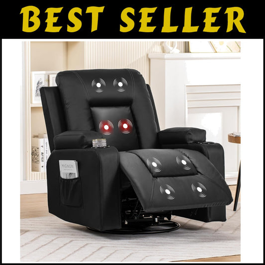 Contemporary Black Recliner Chair with Massage, Cup Holders, and Storage Pockets