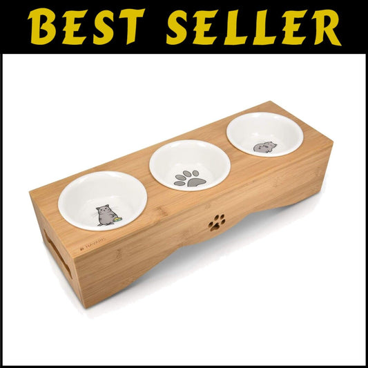 Eco-Friendly Elevated Pet Bowl Set - 3 Ceramic Dishes in Bamboo Stand for Cats