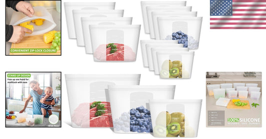 12-Pack Food-Grade Silicone Bags - Ziplock, Microwave, Freezer, Dishwasher Safe