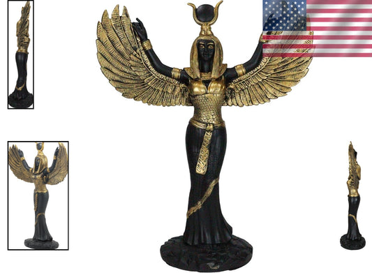 Handcrafted Isis Goddess Statue - 12" Open Wings Decor in Elegant Black & Gold